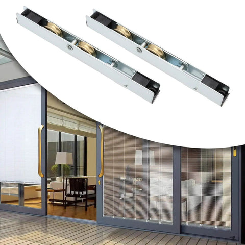 Top Tier Four Pack Sliding Patio Door Rollers With Double Copper Wheels Heavy Duty Replacement Pulleys for Wood and Aluminum Doors.