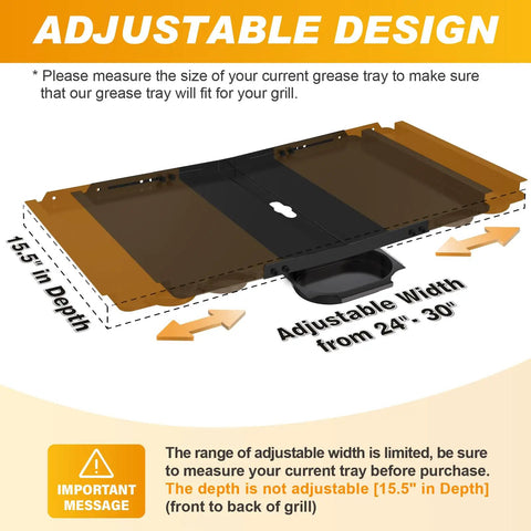 Diagram showing adjustable Universal Grease Tray With Catch Pan For 24 To 30 Inch Grills, labeled dimensions in black text.