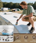 Man applying RV Roof Coating White 1 Quart Waterproof Sealant For Camper Motorhome And Trailer Roofs Solar Reflective Leak Proof
