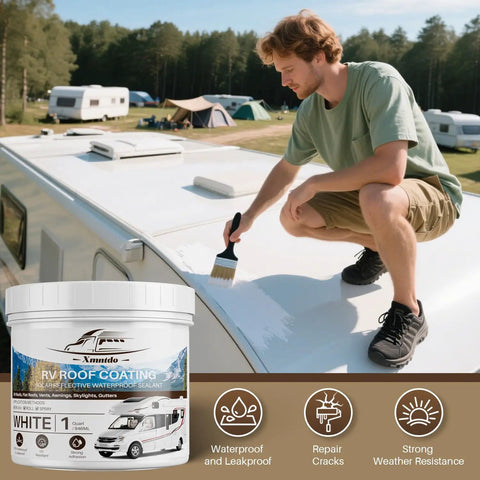 Man applying RV Roof Coating White 1 Quart Waterproof Sealant For Camper Motorhome And Trailer Roofs Solar Reflective Leak Proof