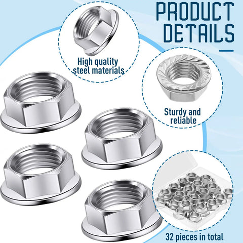 32 Piece Rock Solid Heavy Duty Stainless Steel Hex Flange Locking Nuts M10 X 1.25 Metric Fine Thread Rust Resistant displayed.