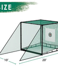 Golf Driving Cage With Ball Return System 10x10x10ft Heavy Duty Steel Frame showing dimensions and target net.