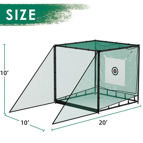 Golf Driving Cage With Ball Return System 10x10x10ft Heavy Duty Steel Frame showing dimensions and target net.