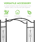 Built Tough 92 Inch Steel Garden Arch Arbor Trellis with decorative wire lattice, black tempered steel construction, entryway view.