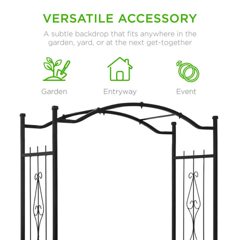 Built Tough 92 Inch Steel Garden Arch Arbor Trellis with decorative wire lattice, black tempered steel construction, entryway view.