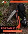 Folding Camp Saw With 8.5 Inch SK5 Steel Blade Heavy Duty Yet Lightweight next to tree, black and orange handle, with pouch
