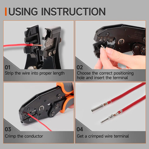 Step-by-step guide using Ratchet Crimp Tool for Deutsch DT 16 Contacts Pro Grade for 18 to 14 AWG Wire Open Barrel Stamped Terminals
