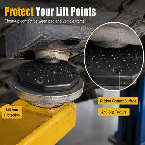 Close-up of Heavy Duty Rubber Lifting Arm Pads 4 Pack Universal Octagon for vehicle frame protection during lifting.