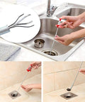 79 Inch Flexible Drain Snake Clog Remover For Toilet, Sewer, Shower, Kitchen And Bathroom Drains shown in multiple uses