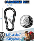 20 Pack Heavy Duty Carabiner Clips 1.57 Inch Snap Hooks next to coin for scale, showcasing size and durability for outdoor use.