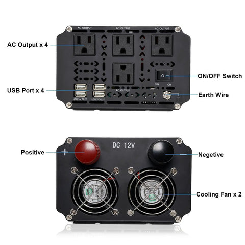 3000W Power Inverter 12V To 120V DC To AC Converter With LCD Remote showing 4 AC outlets, 4 USB ports, and cooling fans.