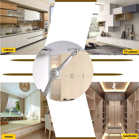 Heavy Duty Lid Support Hinges With Soft Close For Toy Boxes Cabinets And Closets Holds Up To 50 Lbs Per Pair, shown installed on cabinet doors