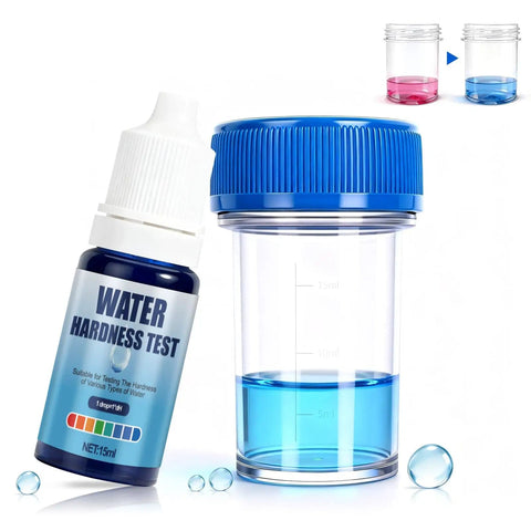 Hard Water Test Kit For Drinking Water And Home Use, Fast Pro Grade Water Hardness Tester with blue liquid and dropper bottle