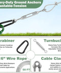 Four Pack Thirty Inch Triple Helix Ground Anchors Kit With Fifty Foot Three Sixteenth Inch Galvanized Cable Four Turnbuckles Drill Adapter Carabiners And Wrench For Canopy Gazebo Trampoline Swing Set No Fuss Setup Heavy Duty Secure Anchor System features carabiner, turnbuckles, cable clamp.