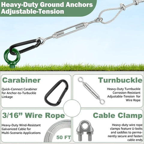 Four Pack Thirty Inch Triple Helix Ground Anchors Kit With Fifty Foot Three Sixteenth Inch Galvanized Cable Four Turnbuckles Drill Adapter Carabiners And Wrench For Canopy Gazebo Trampoline Swing Set No Fuss Setup Heavy Duty Secure Anchor System features carabiner, turnbuckles, cable clamp.