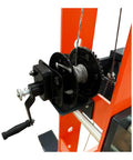 Heavy Duty 100 Ton Shop Press With Dual Hydraulic Rams And 125 PSI Air Assist showing the crank and cable mechanism detail.
