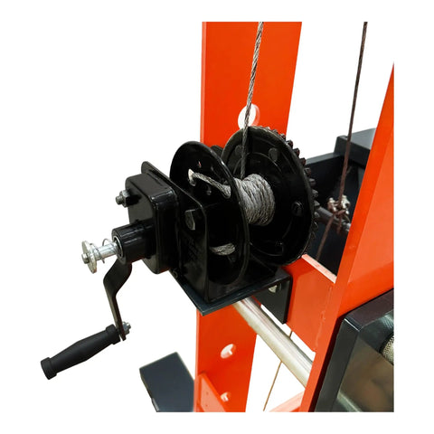 Heavy Duty 100 Ton Shop Press With Dual Hydraulic Rams And 125 PSI Air Assist showing the crank and cable mechanism detail.