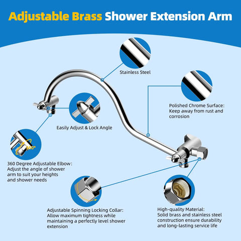 All Metal 12 Inch Brass Shower Arm Extension With 3 Way Diverter Valve G One Half Chrome Universal Shower System Replacement Part Durable Leak Proof Anti Corrosion Extender shown with features