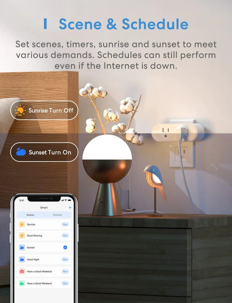 Scene showing WiFi Dual Smart Plug 2 Pack With 2 Outlets Each in wall socket, app controls visible on phone, set for smart schedules.
