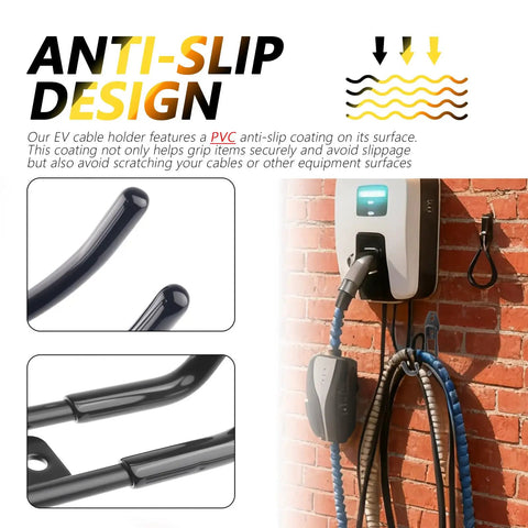 Heavy Duty EV Charger Holder Wall Mount With Non Slip J Hook, shows anti-slip design for secure cable grip and protection.