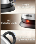 Gooseneck Electric Kettle 1L Stainless Steel Pour Over Teapot For Coffee And Tea BPA Free Fast Heating Auto Shut Off Boil Dry Protection Easy Pour Precision Pro Grade showing one-click switch, LED indicator lights, ergonomic handle.