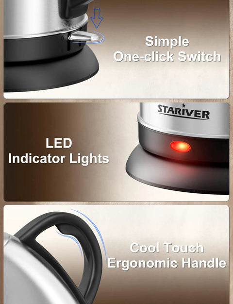 Gooseneck Electric Kettle 1L Stainless Steel Pour Over Teapot For Coffee And Tea BPA Free Fast Heating Auto Shut Off Boil Dry Protection Easy Pour Precision Pro Grade showing one-click switch, LED indicator lights, ergonomic handle.