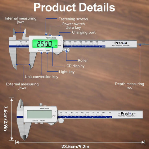 Product details of Backlit 6 Inch Digital Caliper With Rechargeable Battery IP54 Waterproof Large LCD Screen In mm And Fraction Conversions Workhorse Stainless Steel Micrometer For DIY Projects And Pro Shop Use showing features and dimensions.