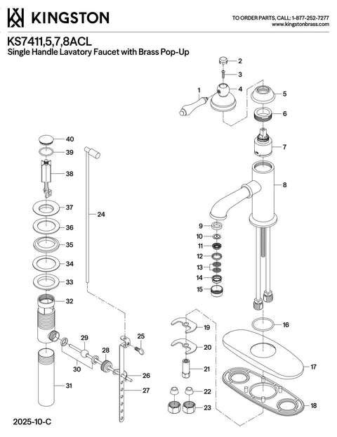 American Classic Brushed Brass Bathroom Faucet With Solid Brass Build diagram showing faucet components and assembly.