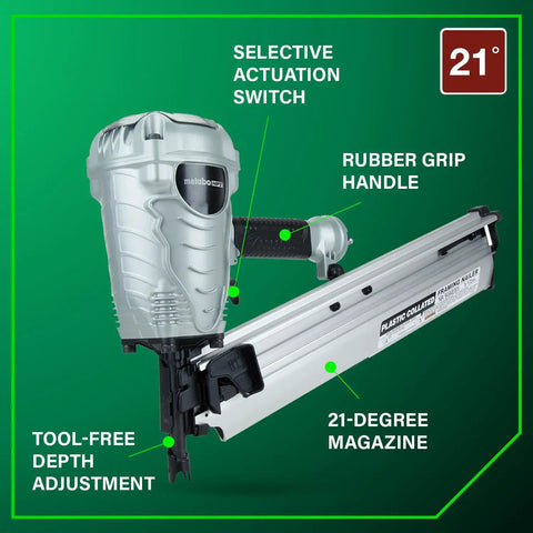Framing Nailer 21 Degree Plastic Collated Lightweight 7.5 Lb Pro Power Tool with rubber grip handle and tool-free depth adjust
