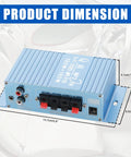 Mini Car Audio Amplifier with Bass Boost and Volume Knobs dimensions shown on a white background, 2 Channel Hi Fi Stereo Receiver 40W Output