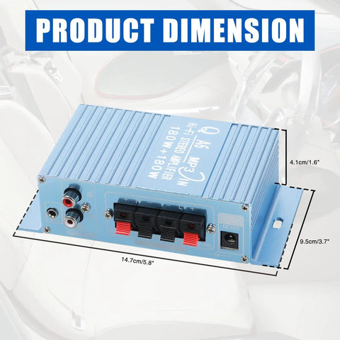 Mini Car Audio Amplifier with Bass Boost and Volume Knobs dimensions shown on a white background, 2 Channel Hi Fi Stereo Receiver 40W Output