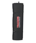 VersaMat Roll Up Workhorse High Density Foam Utility Mat Black For Garage And Home 1 Inch Thick Closed Cell Foam Heavy Duty Canvas Wrapped Portable 46 And Three Quarters By 25 Inch Roll Up Mat With Elastic Band standing on its side.