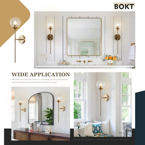 Glass Globe Wall Sconce In Brushed Brass With Clear Globe Mid Century Modern Bedroom Bedside Lighting Long Pole Nordic Style Wall Lamp showcased in bathroom setting