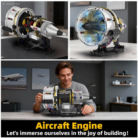 Jet Engine Kit With Motor And LED Light Turbofan Engine Building Set 564 Pieces model on desk with person building it.