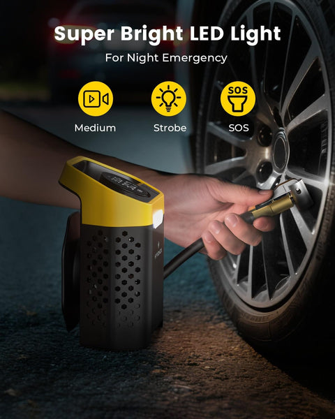 Cordless 160 PSI Tire Inflator Portable Air Pump With Digital Gauge And LED Light inflating car tire at night