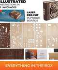 Book Of Secrets Steampunk 3D Puzzle Kit For Adults With Hidden Gears shown with box and laser-cut plywood pieces.