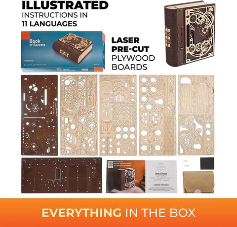 Book Of Secrets Steampunk 3D Puzzle Kit For Adults With Hidden Gears shown with box and laser-cut plywood pieces.