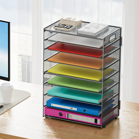 9 Tier Mesh Paper Organizer With Portable Handle, desk file sorter in gray with colorful papers, on office desk