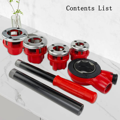 Pro Grade BSPT Pipe Threader Ratchet Kit For Quick, Easy Threading With Four Dies Including Half Inch, Three Quarter Inch, One Inch, And One And One Quarter Inch In Heavy Duty Steel Construction displayed on a table.