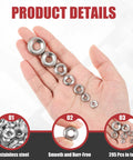 Finishing cup washers set, stainless steel 304; front view held in hand, sizes #4–#16, 295 pcs total.