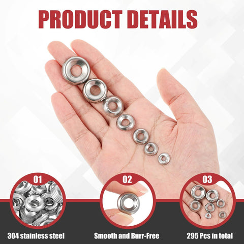 Finishing cup washers set, stainless steel 304; front view held in hand, sizes #4–#16, 295 pcs total.