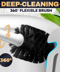 Premium Heavy Duty Toilet Plunger And Brush Set With Sleek Storage Stand Two In One Bathroom Cleaning Combo showing a flexible 360° brush head.