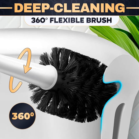 Premium Heavy Duty Toilet Plunger And Brush Set With Sleek Storage Stand Two In One Bathroom Cleaning Combo showing a flexible 360° brush head.