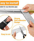 Hands applying Pipe Insulation Foam Wrap Tape 2 Inch Wide 66 Foot Self Adhesive Foil Wrap That Keeps Outdoor Water Pipes From Freezing And Slashes Heat Loss Weatherproof Waterproof