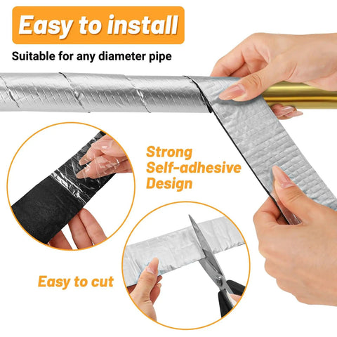 Hands applying Pipe Insulation Foam Wrap Tape 2 Inch Wide 66 Foot Self Adhesive Foil Wrap That Keeps Outdoor Water Pipes From Freezing And Slashes Heat Loss Weatherproof Waterproof