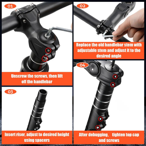 Four-step installation guide for Adjustable 31.8mm Bike Stem Riser With 120 Degree Tilt And 150mm Height Extension