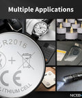 Kicking Performance Cr2016 3V Lithium Coin Cells Six Pack shown in multiple electronics applications for watches, calculators, and fobs.
