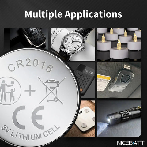 Kicking Performance Cr2016 3V Lithium Coin Cells Six Pack shown in multiple electronics applications for watches, calculators, and fobs.