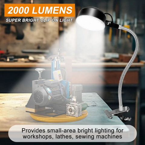 Beast Mode Clamp Light With Flexible Clip For Workshop And Sewing Table, Ultra Bright 2000 Lumen LED Work Light illuminating a workbench