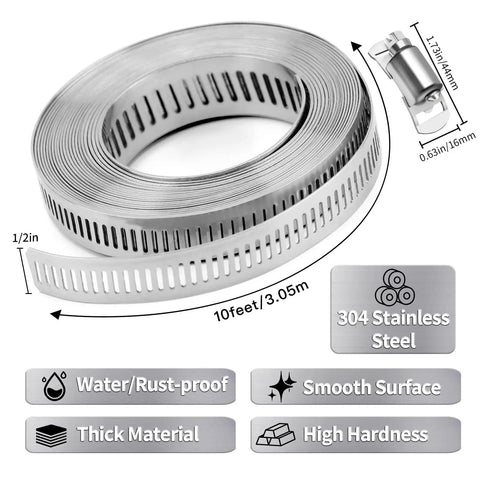 DIY Cut To Fit 10 Ft Hose Clamp Kit With 5 Fasteners, 304 Stainless Steel Worm Gear Band Clamps, adjustable and rust-proof